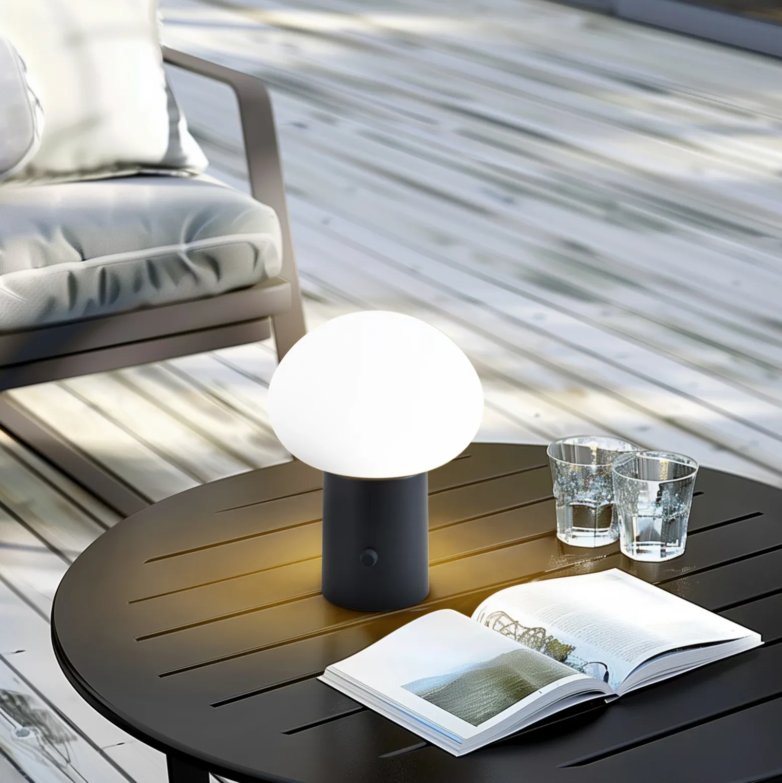 Lámpara de mesa Lindby LED recargable Zelie, negra, aluminio, IP44