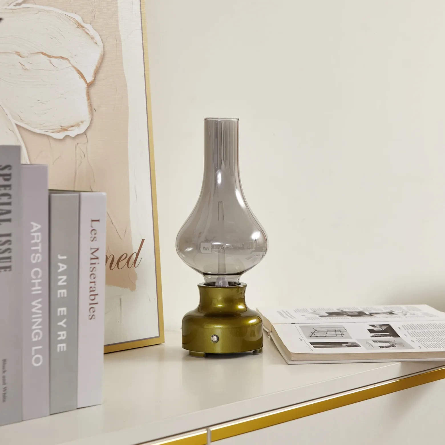 Lámpara de mesa Lindby LED recargable Maxentius, verde, cristal, atenuador