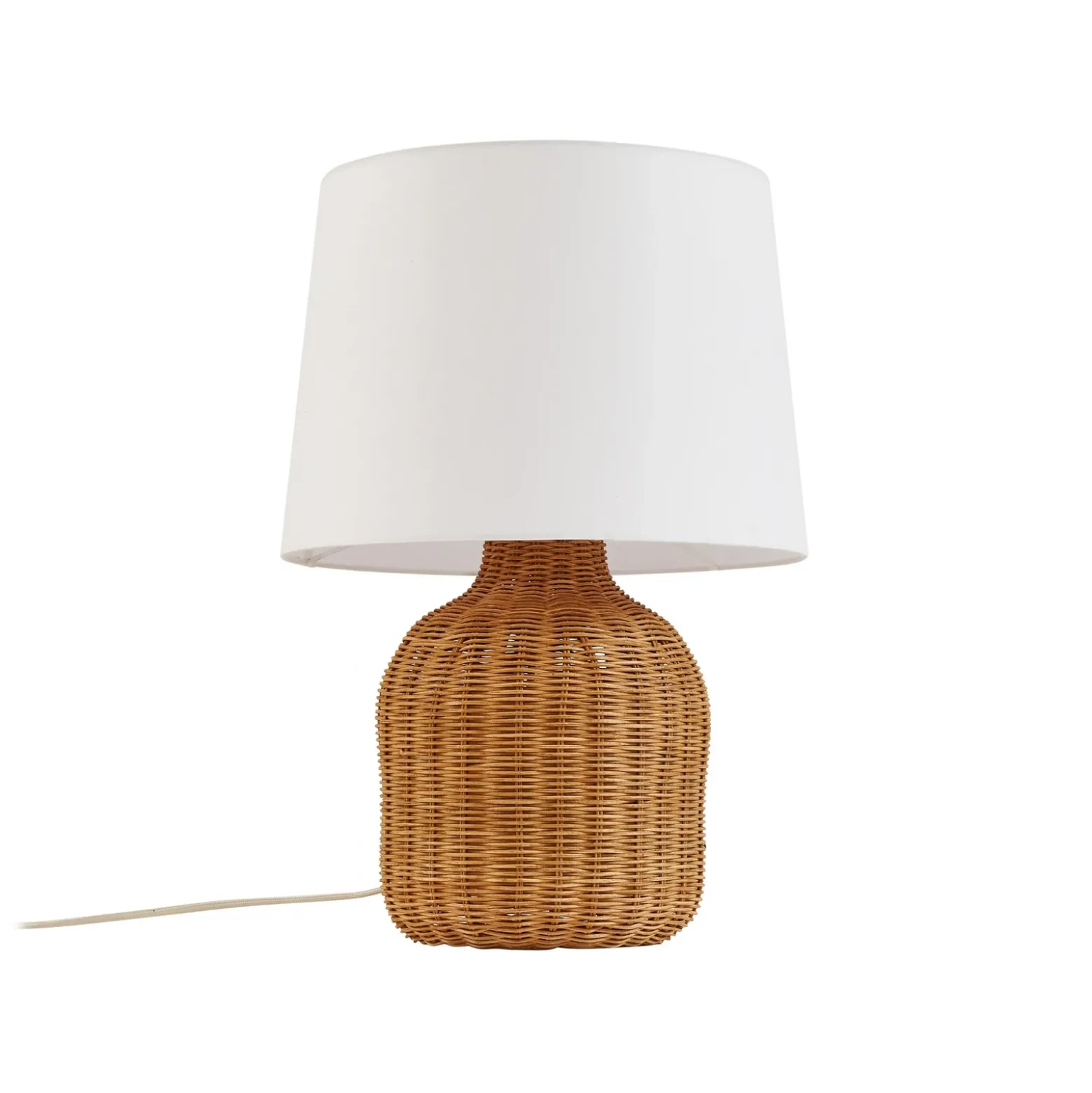 Lámpara de mesa Lindby Lirenda, altura 52 cm, ratán, natural/blanco
