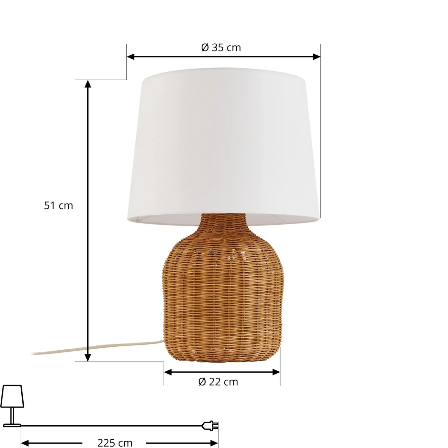 Lámpara de mesa Lindby Lirenda, altura 52 cm, ratán, natural/blanco
