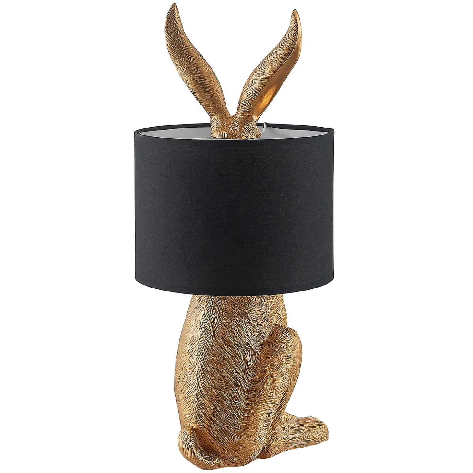Lámpara de mesa Lindby Lorentina, altura 57 cm, conejo, dorada, textil