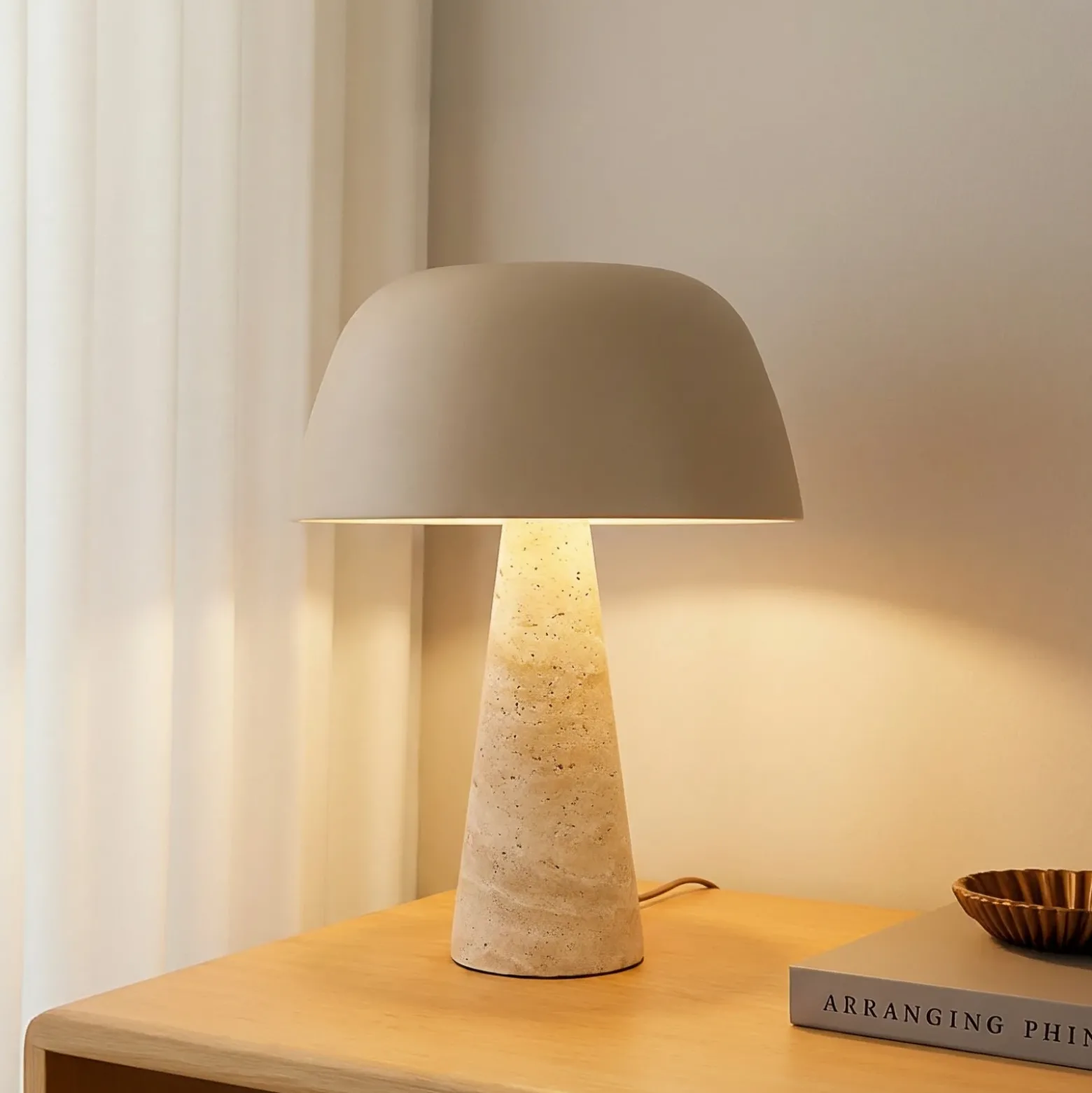 Lámpara de mesa Lindby Magritt, beige, metal, piedra, 41 cm