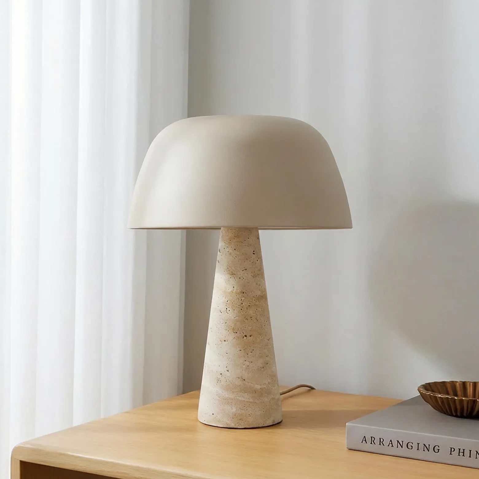 Lámpara de mesa Lindby Magritt, beige, metal, piedra, 41 cm