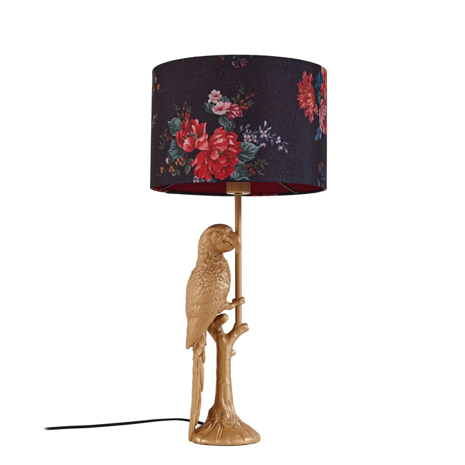 Lámpara de mesa Lindby Marula, dorada, estampado floral, textil, E27