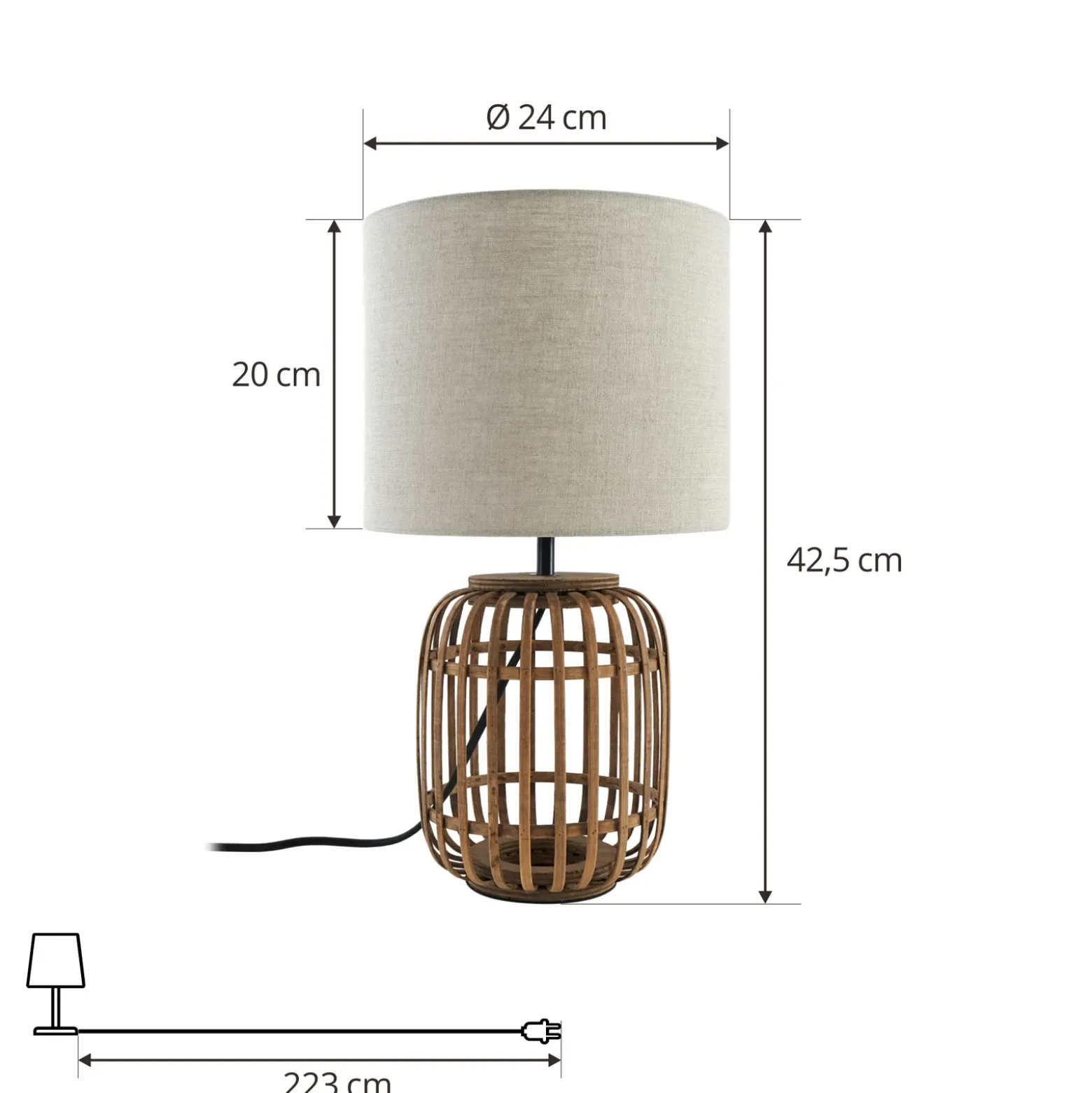 Lámpara de mesa Lindby Marzanna, gris, bambú, 42,5 cm, E27