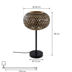 Lámpara de mesa Lindby Nerys, negra, bambú, Ø 28 cm