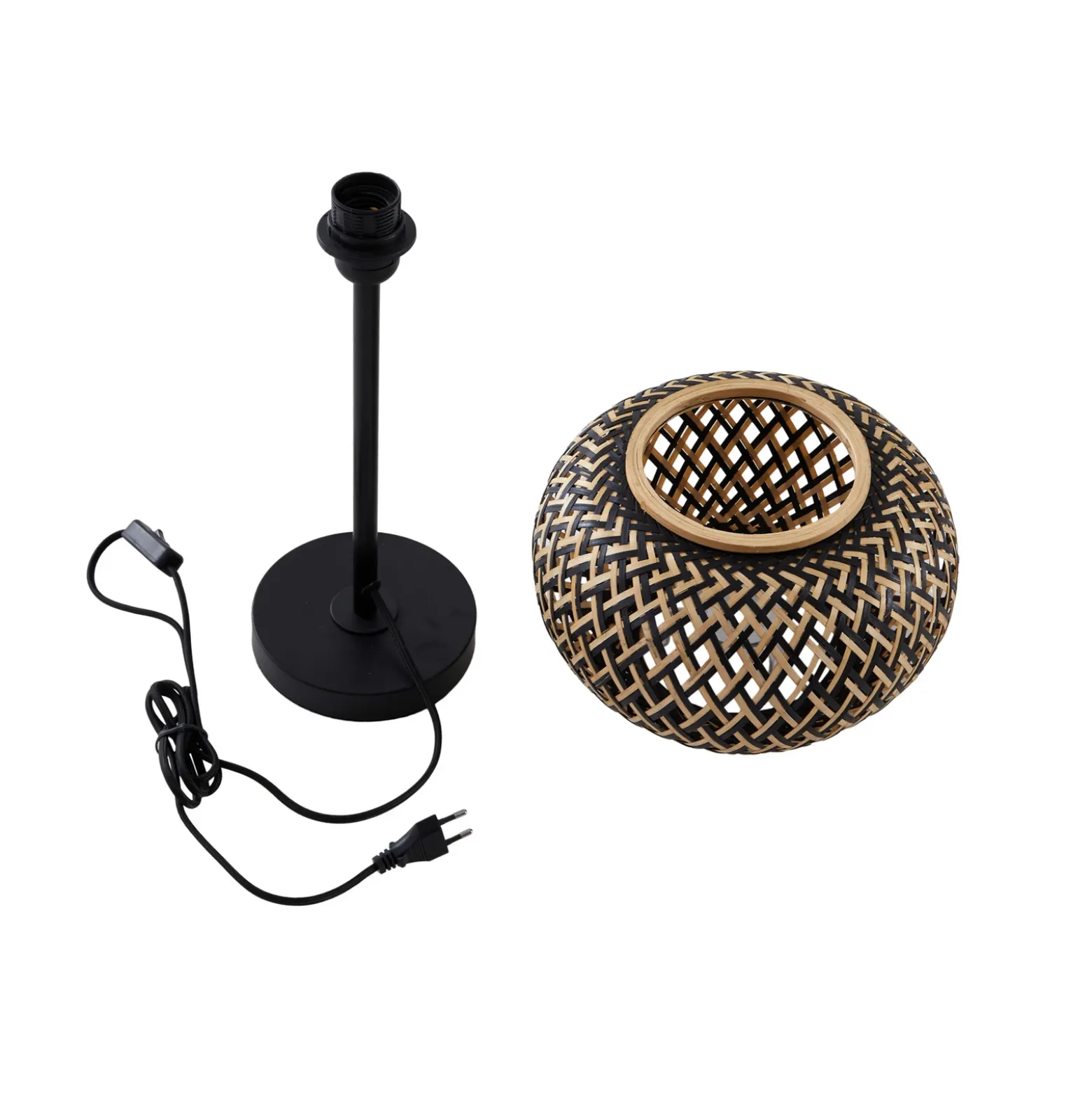 Lámpara de mesa Lindby Nerys, negra, bambú, Ø 28 cm
