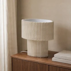 Lámpara de mesa Lindby Tazia, natural/blanca, lino, altura 38 cm