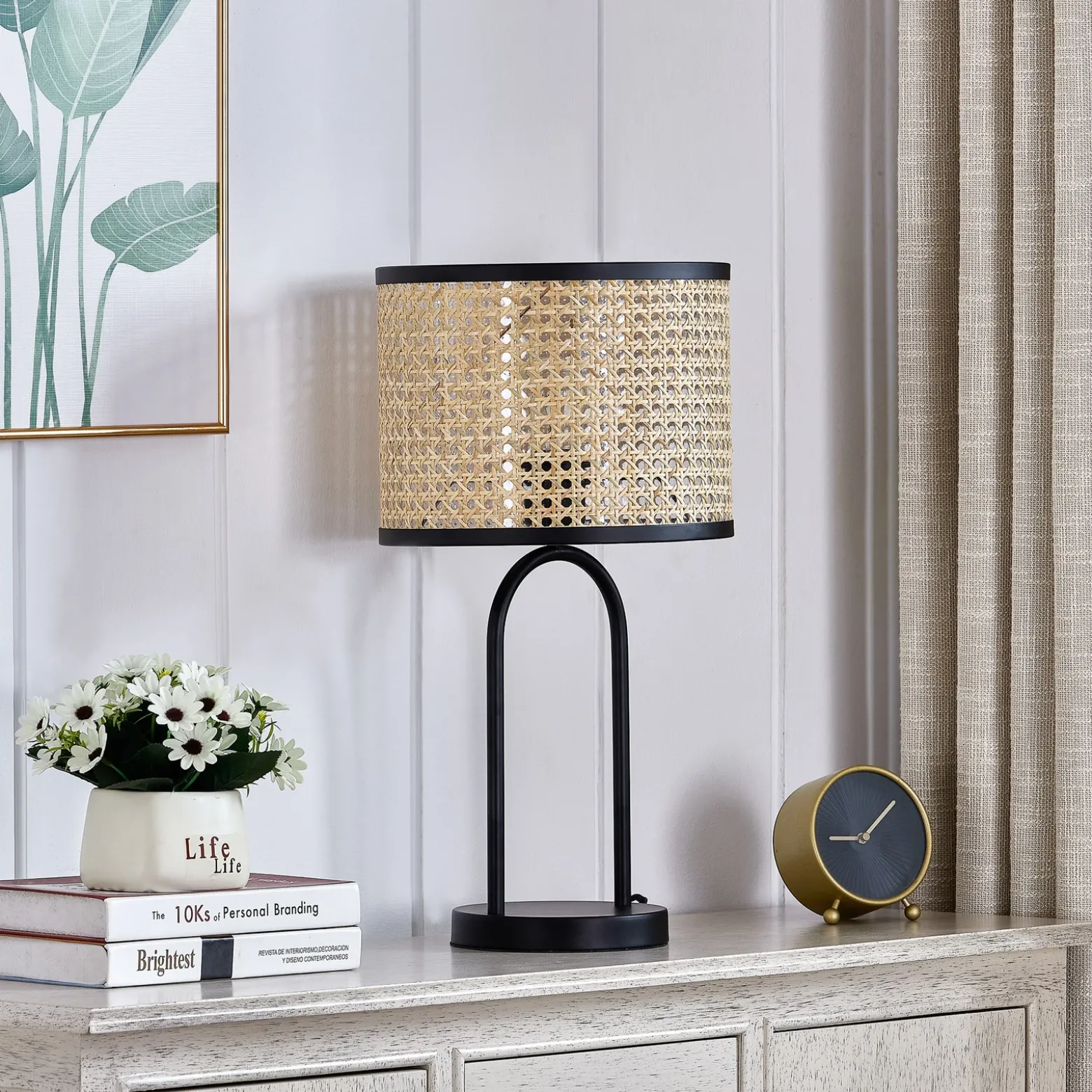 Lámpara de mesa Lindby Yaelle, 50 cm de altura, ratán, negro, E27