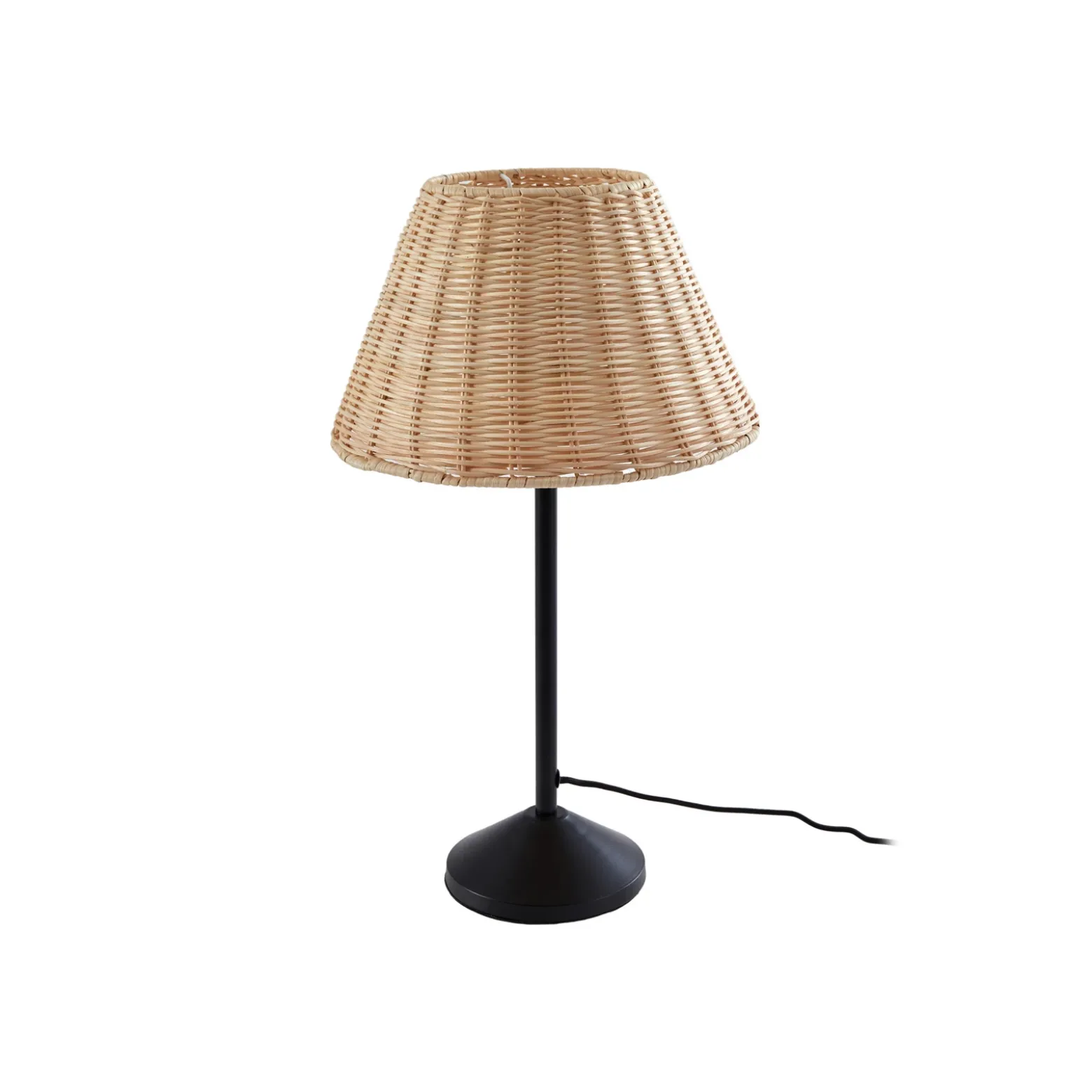 Lámpara de mesa Lindby Zyralia, color madera, ratán, Ø 30 cm