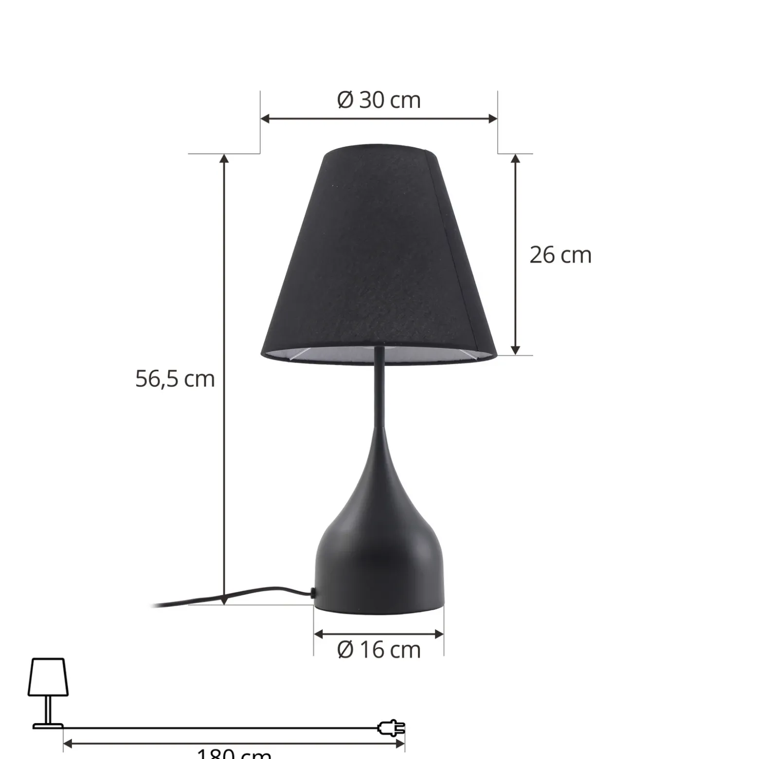 Lámpara de mesa Lucande Luoti, negra, textil, altura 57 cm