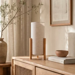 Lámpara de mesa 3193, madera, textil de lino, altura 52cm
