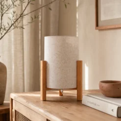 Lámpara de mesa 3193, madera, textil de lino, altura 32cm
