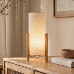 Lámpara de mesa 3193, madera, textil de lino, altura 52cm