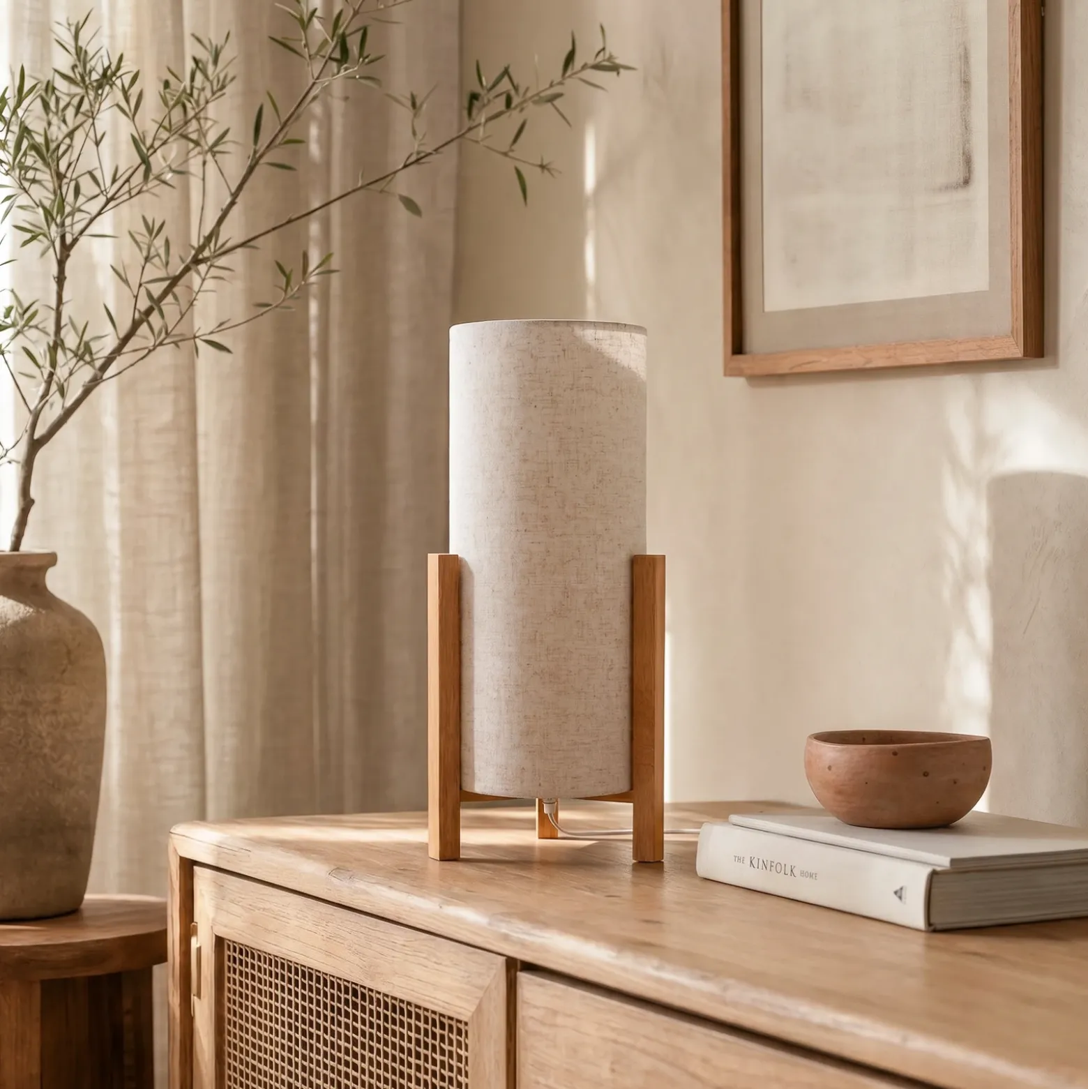Lámpara de mesa 3193, madera, textil de lino, altura 52cm