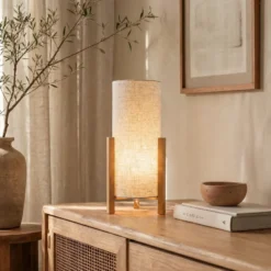 Lámpara de mesa 3193, madera, textil de lino, altura 52cm