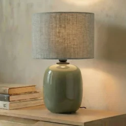 Lámpara de mesa Melody, verde oliva, textil, altura 48 cm, E27