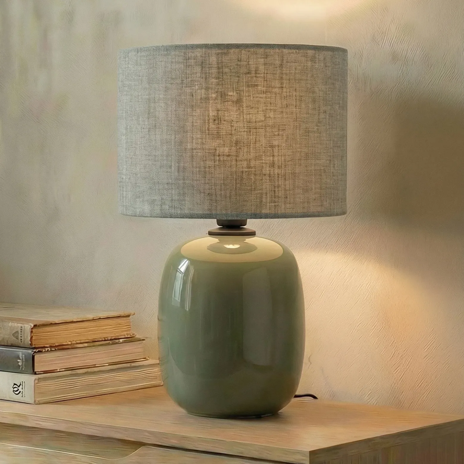 Lámpara de mesa Melody, verde oliva, textil, altura 48 cm, E27