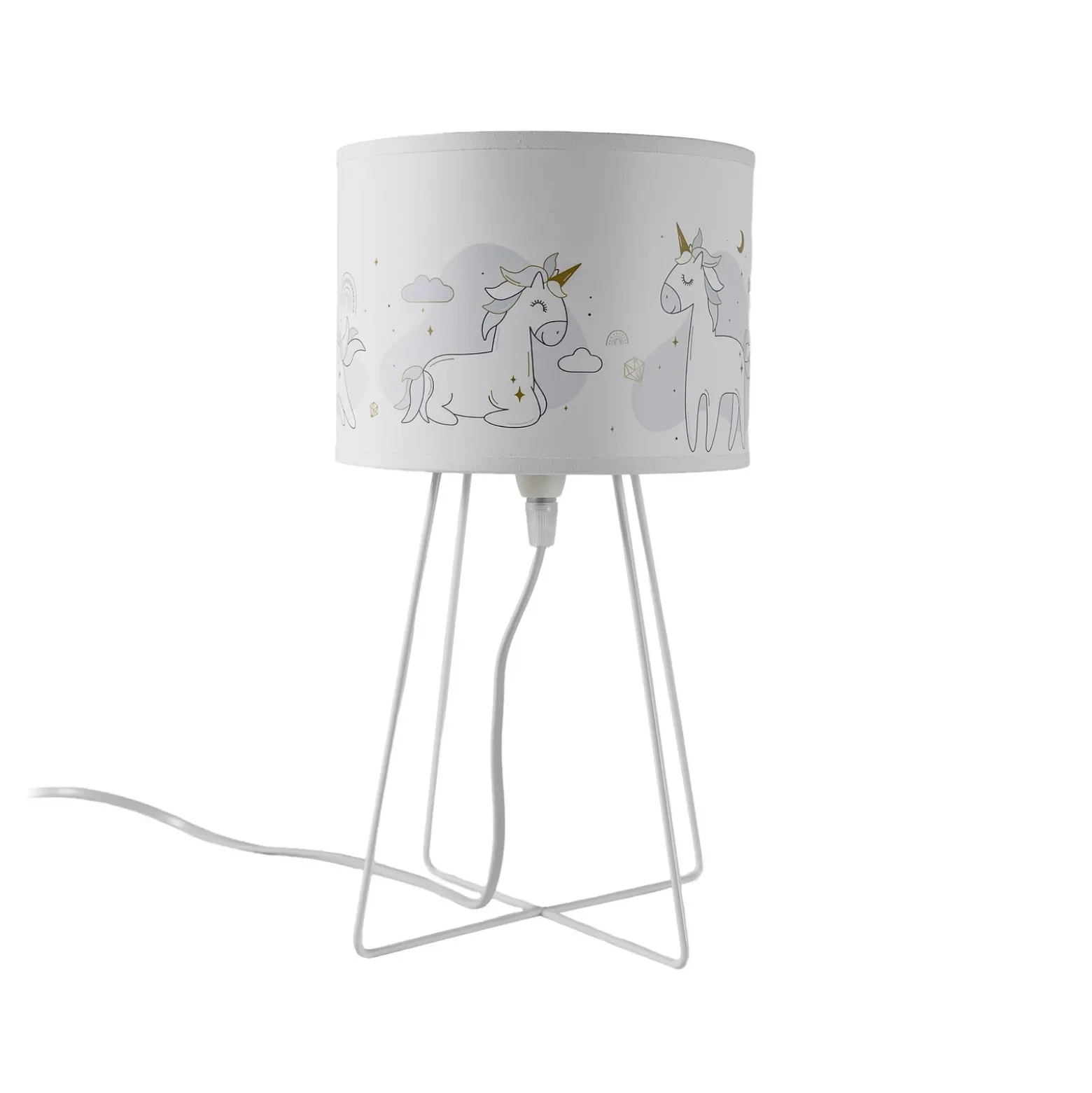 Lámpara de mesa Mila, tela, unicornios, E14, altura 32,5 cm