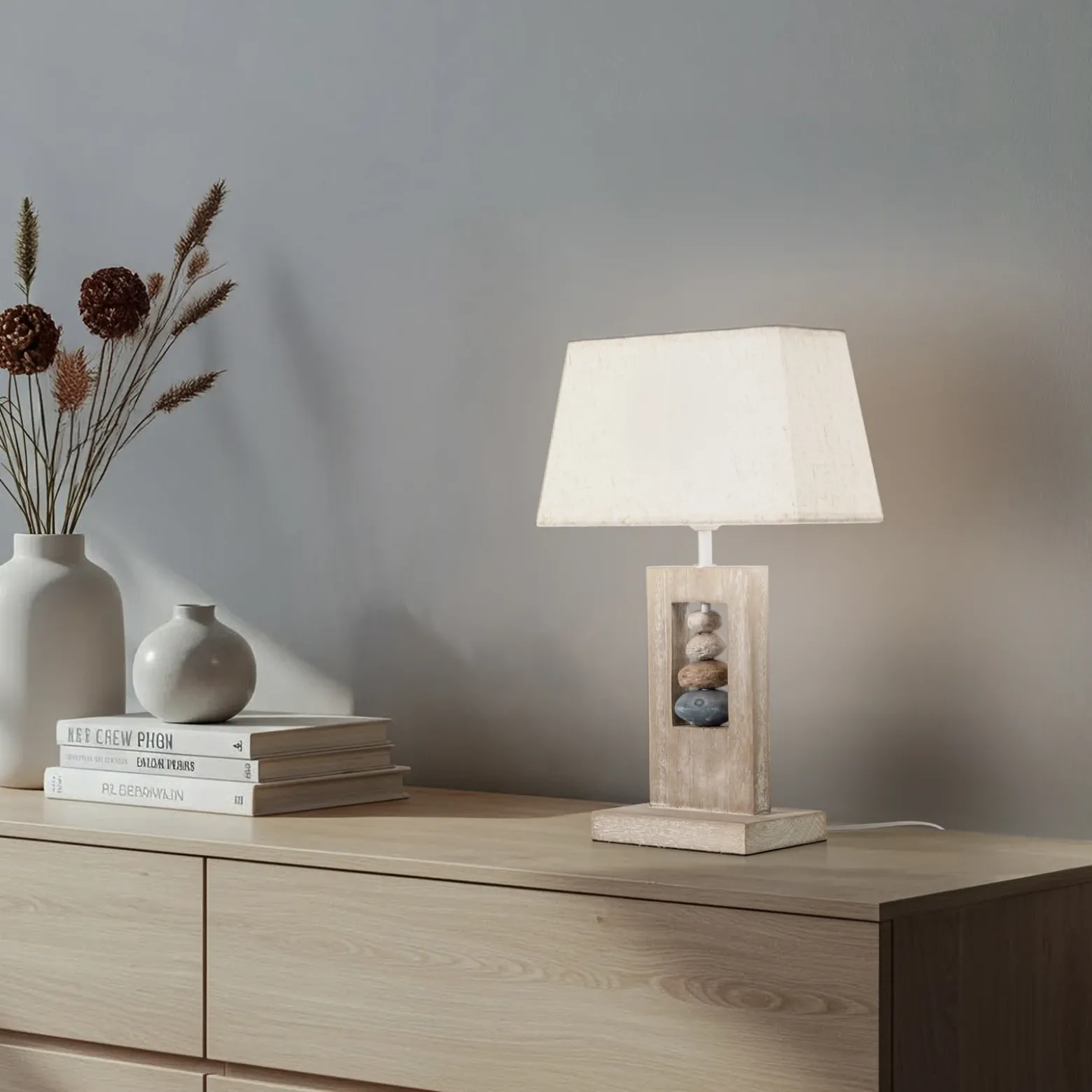 Lámpara de mesa Miriel, altura 46 cm, textil, madera