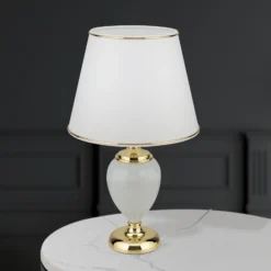 Lámpara de mesa Ovum, blanco/oro, altura 48 cm, cerámica/chintz