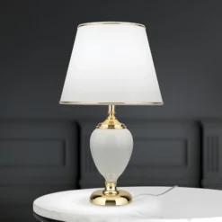 Lámpara de mesa Ovum, blanco/oro, altura 48 cm, cerámica/chintz