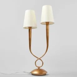 Lámpara de mesa Paola 2 luces dorada con pantallas textiles