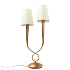 Lámpara de mesa Paola 2 luces dorada con pantallas textiles