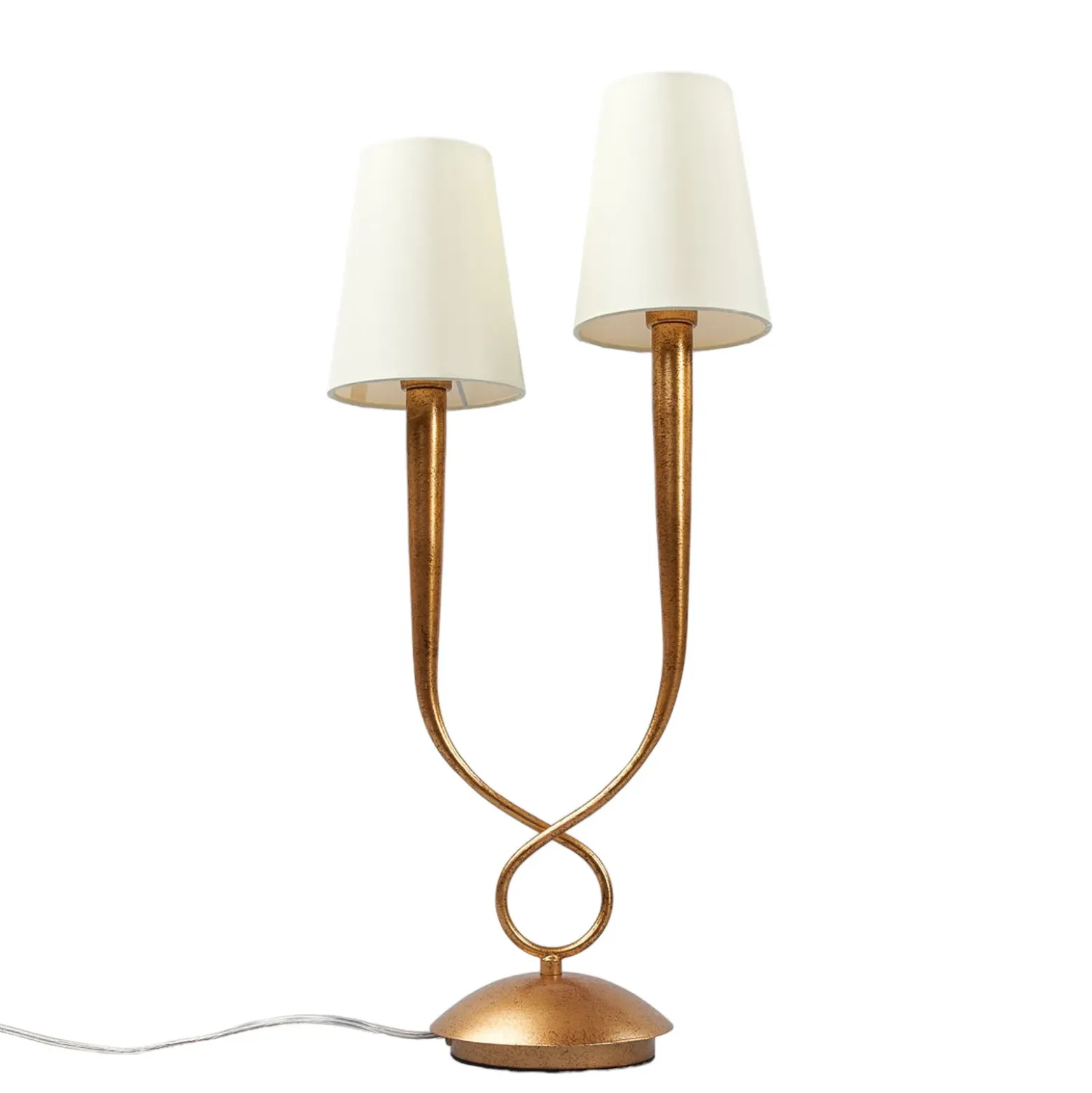 Lámpara de mesa Paola 2 luces dorada con pantallas textiles