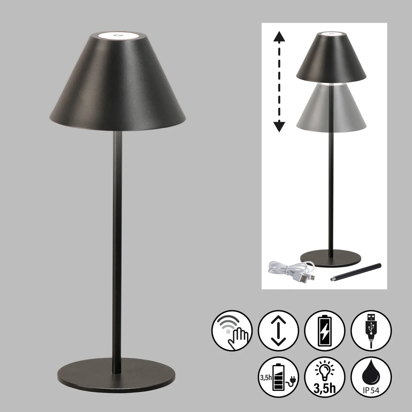 Lámpara de mesa recargable Kano LED, negra, atenuable, regulable, IP54