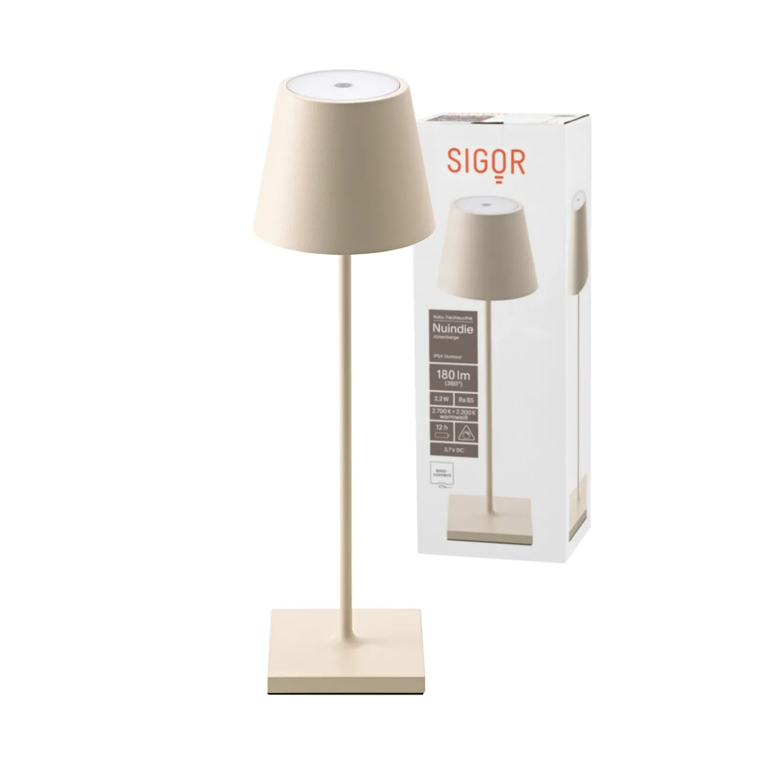 Lámpara de mesa recargable Nuindie LED, USB-C, beige, IP54, atenuable