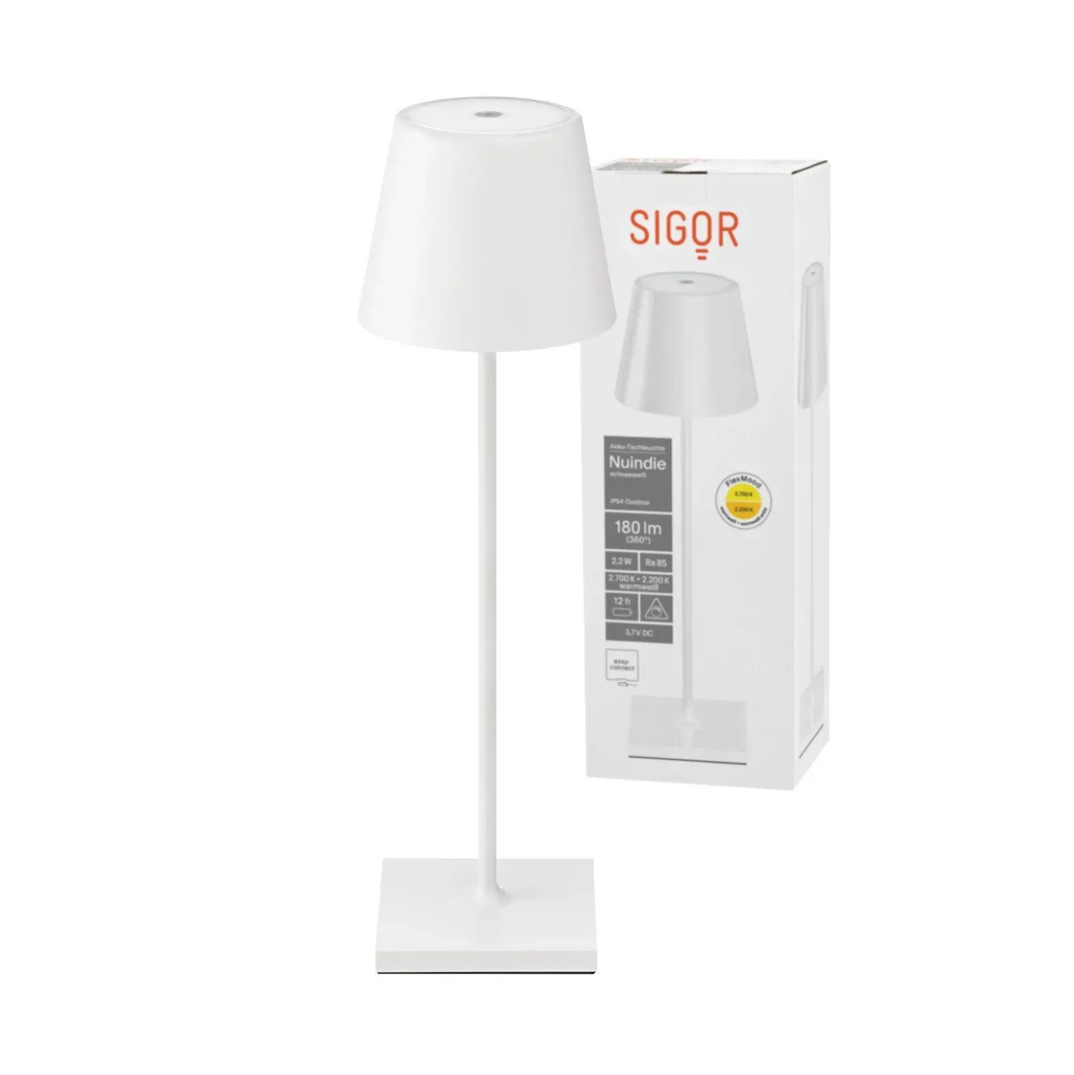 Lámpara de mesa recargable Nuindie LED, USB-C, blanca, IP54, atenuable