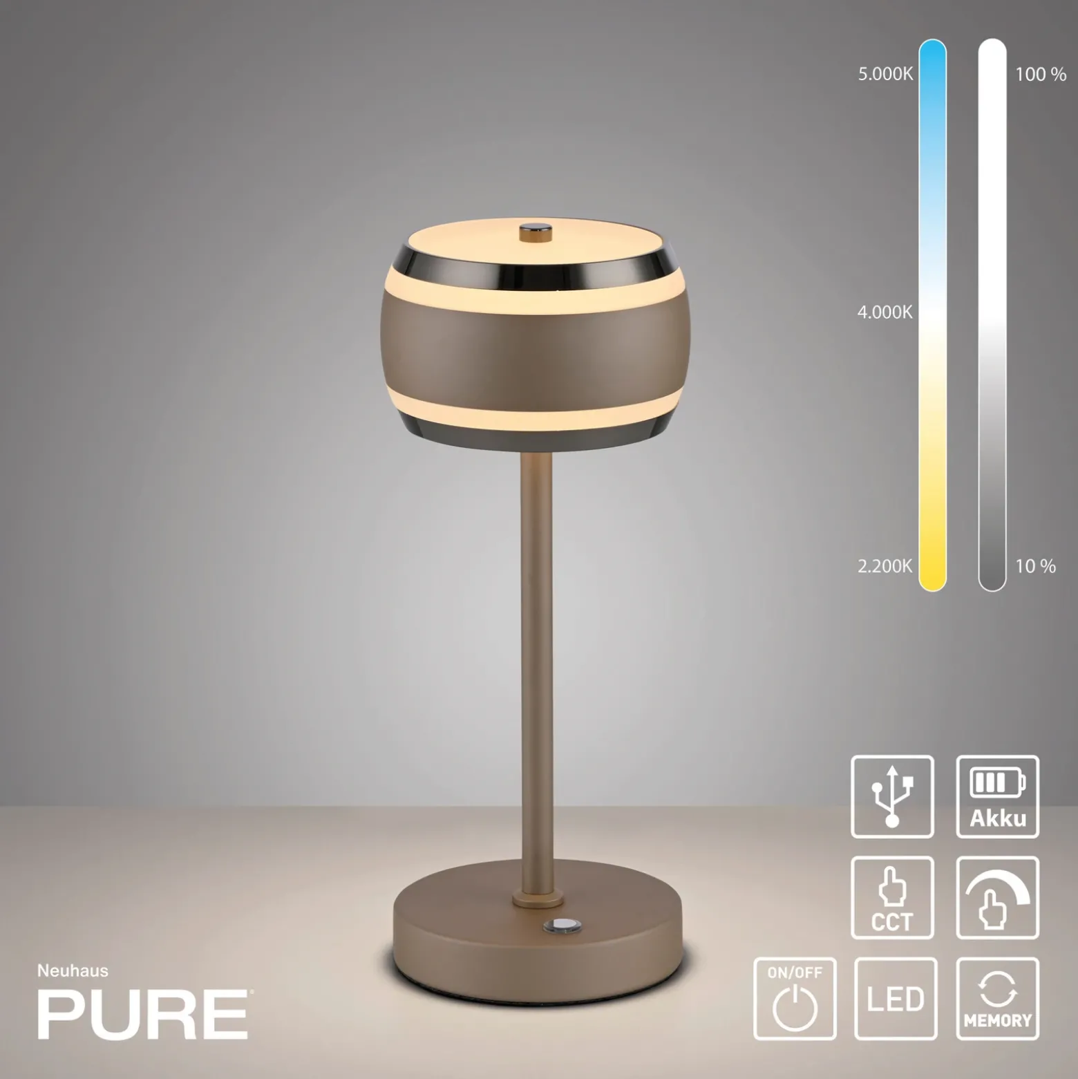 Lámpara de mesa recargable PURE Falling Rings, bronce/cromo DARK, CCT