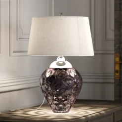Lámpara de mesa Samara, Ø 45,7 cm, rosa, tela, cristal, 2 luces