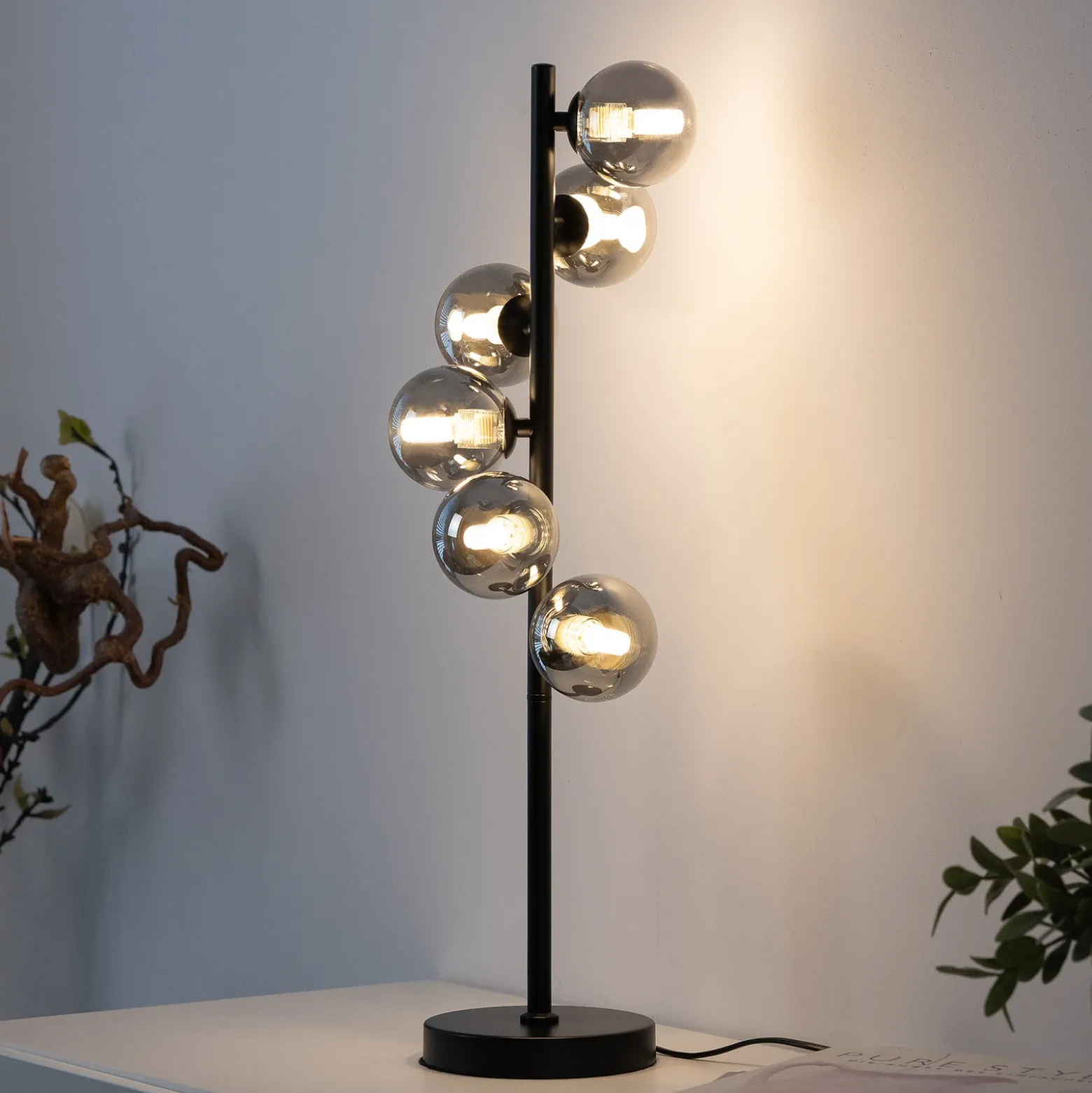 Lámpara de mesa SCHÖNER WOHNEN Dubai, cristal ahumado, 6 luces, G9