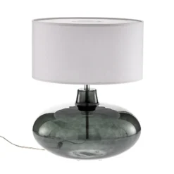 Lámpara de mesa Skien, pantalla blanca, base de cristal gris humo