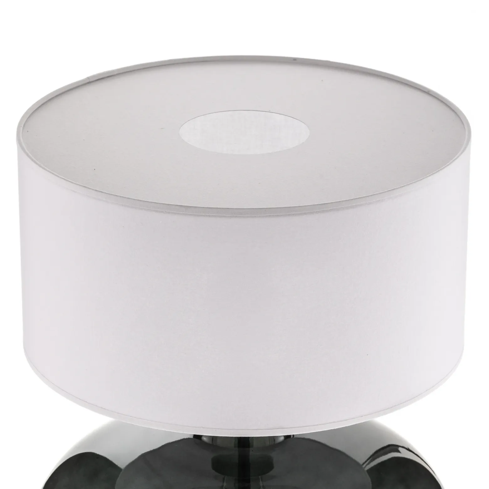 Lámpara de mesa Skien, pantalla blanca, base de cristal gris humo