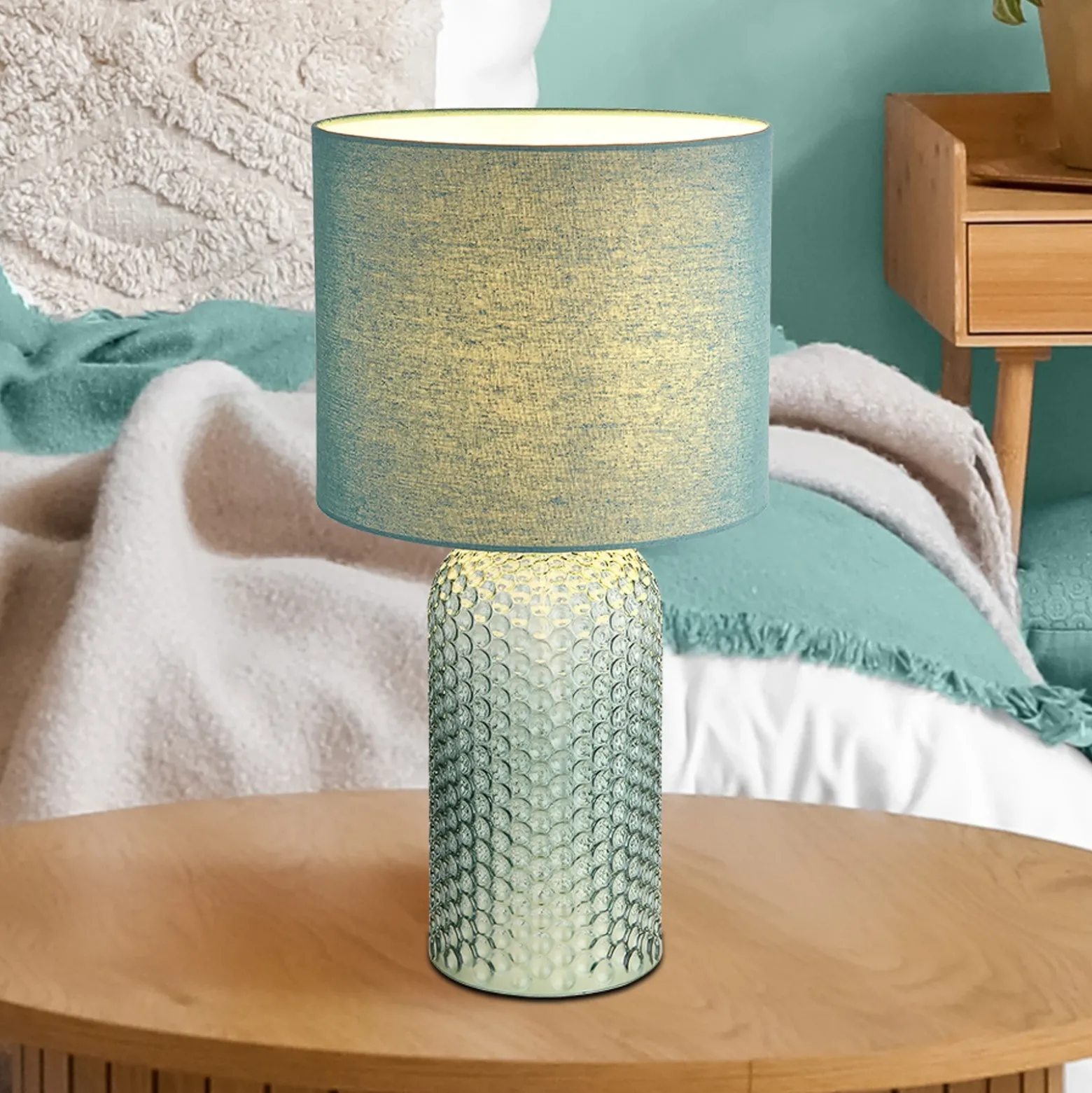 Lámpara de mesa Sofia, verde claro, altura 50 cm, tela/cristal