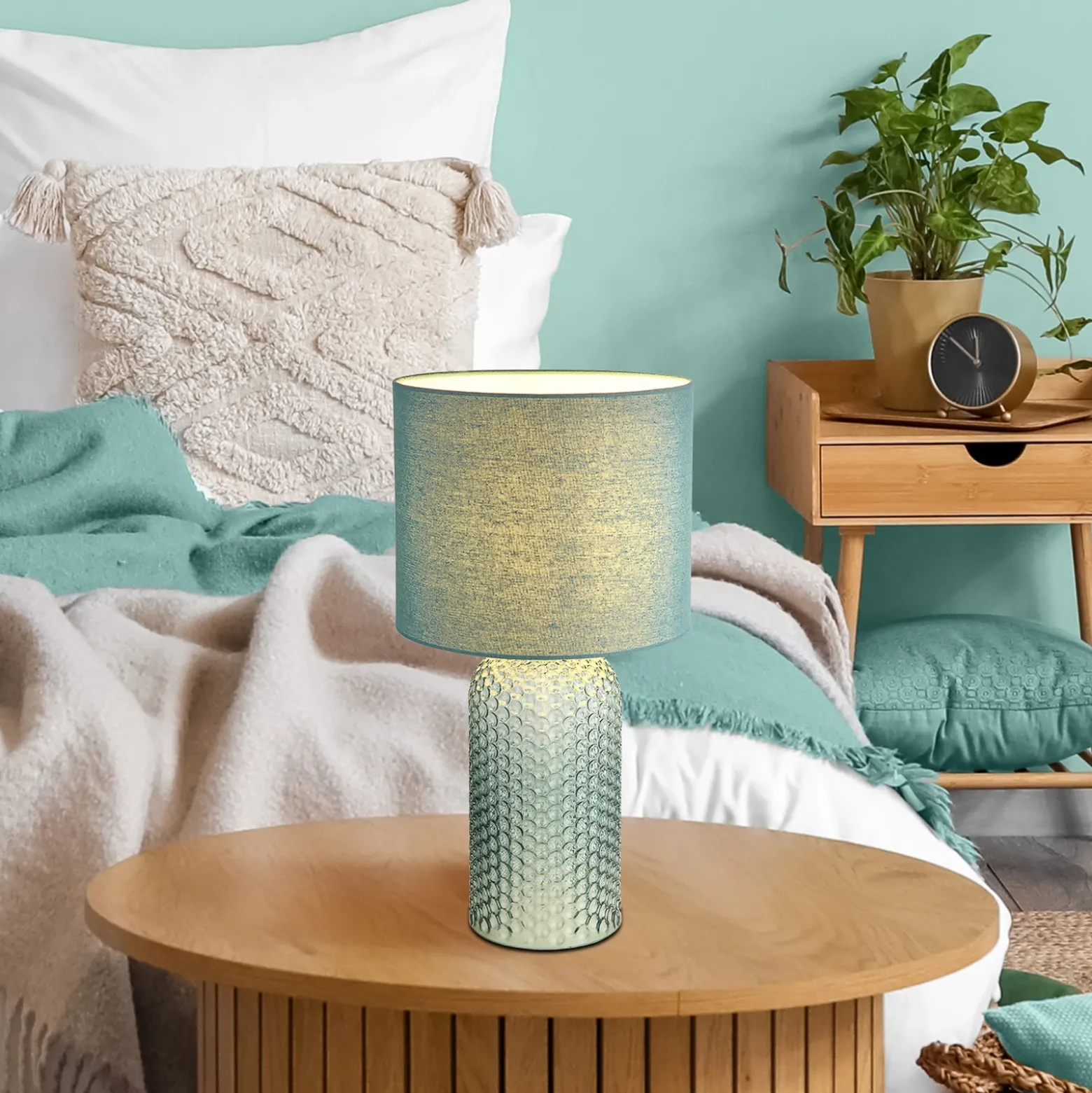Lámpara de mesa Sofia, verde claro, altura 50 cm, tela/cristal