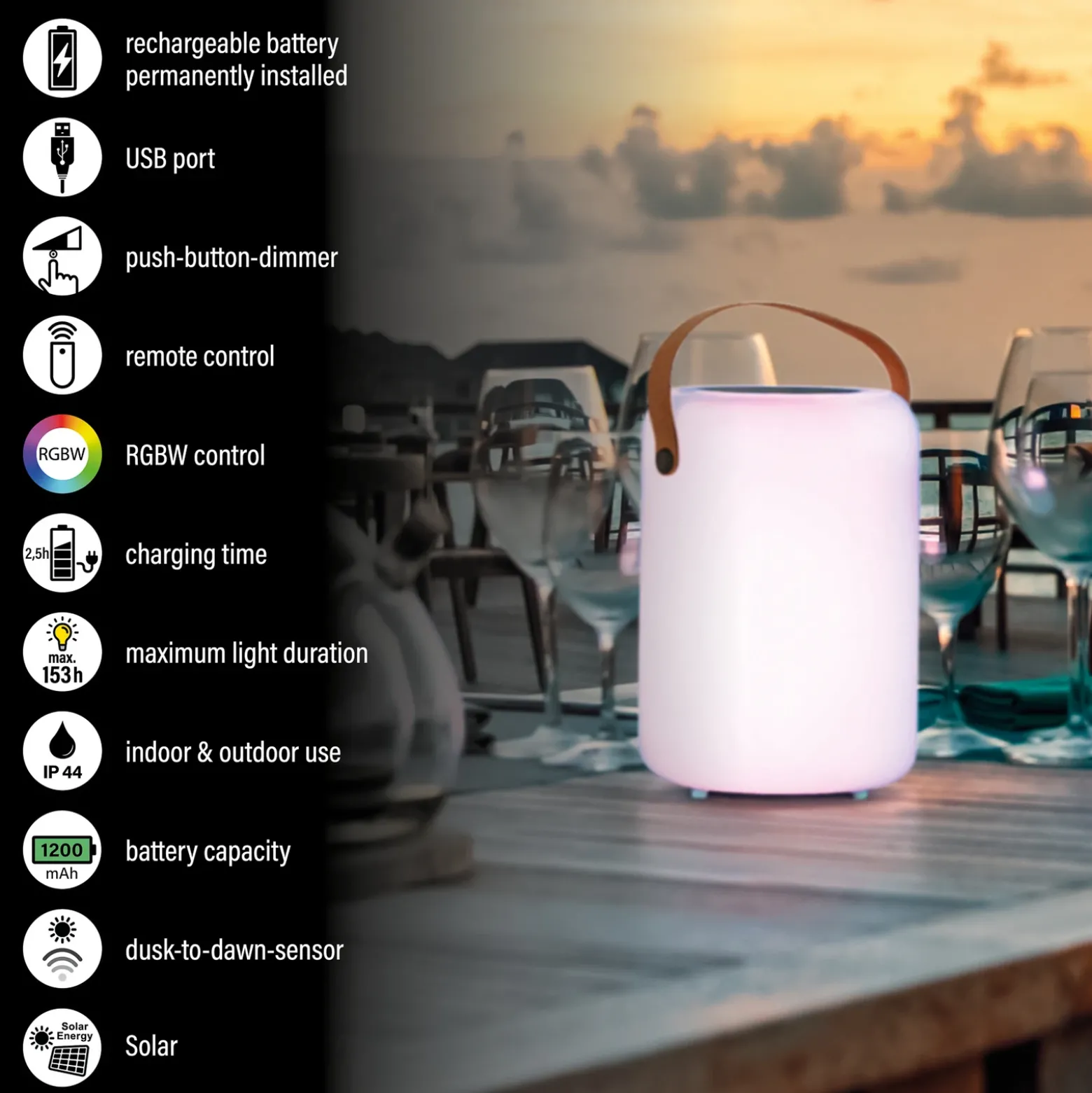 Lámpara de mesa solar LED Orno blanco cálido y RGB