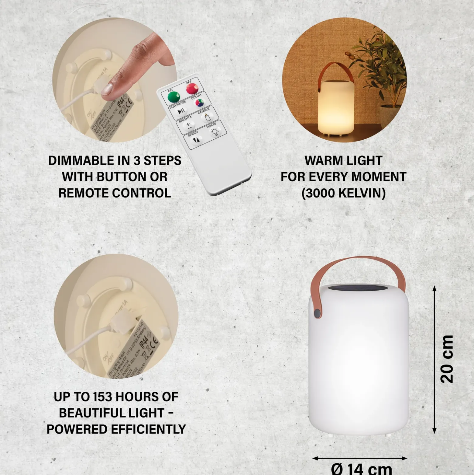 Lámpara de mesa solar LED Orno blanco cálido y RGB