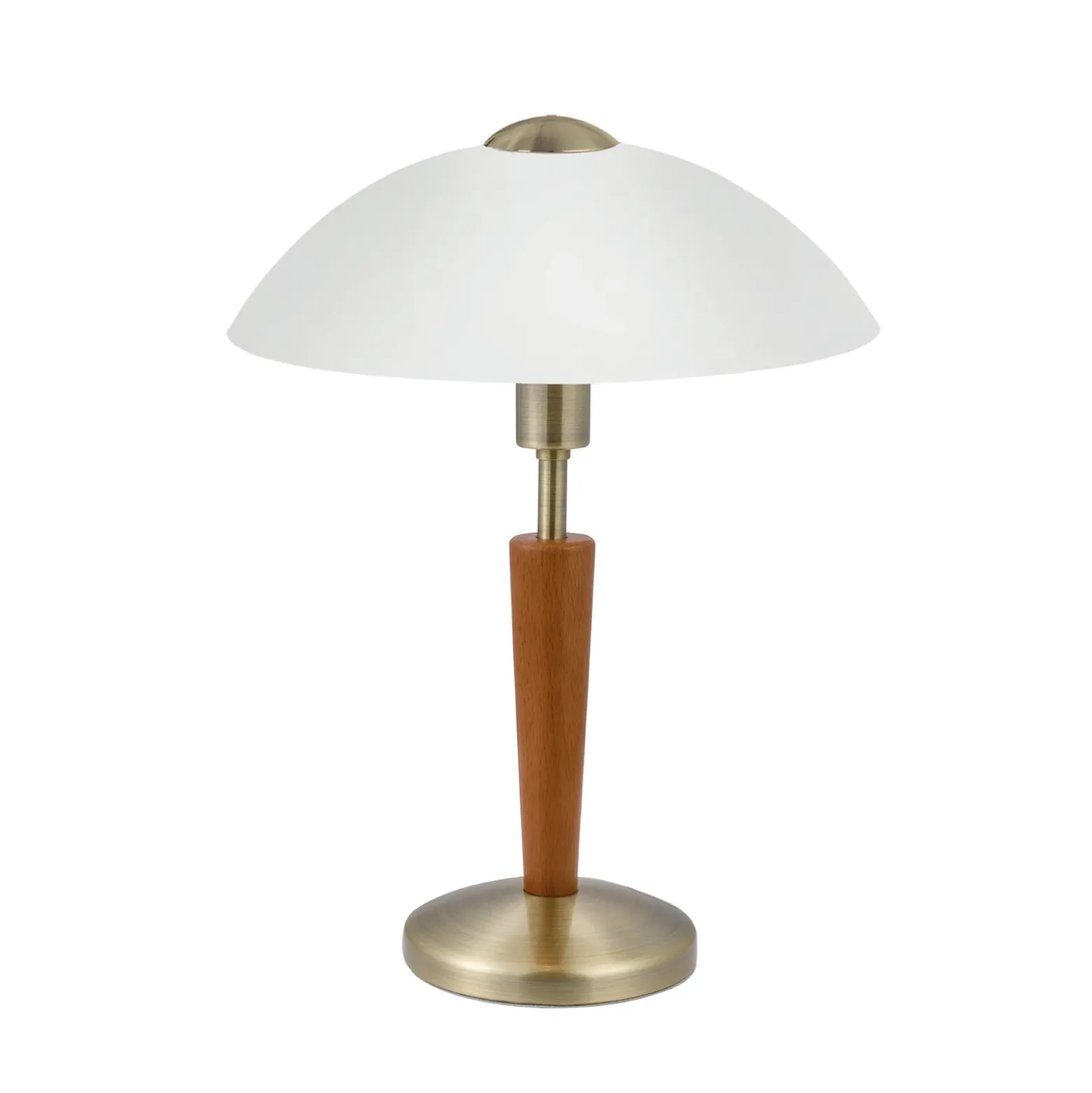 Lámpara de mesa SOLO 1, bruñida/nogal, altura 35 cm, metal/vidrio atenuable