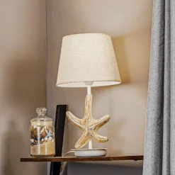 Lámpara de mesa Stellina, pantalla de tela, decoración estrella de mar