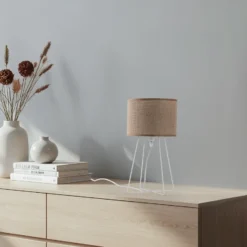 Lámpara de mesa Trixi con estructura de alambre blanco/beige, tela, E14