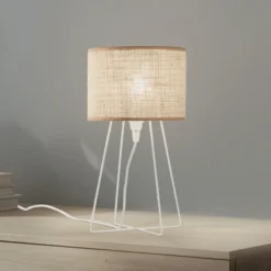 Lámpara de mesa Trixi con estructura de alambre blanco/beige, tela, E14
