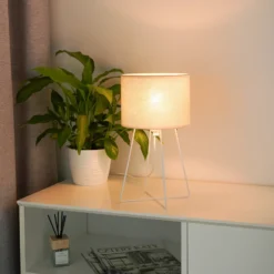 Lámpara de mesa Trixi con estructura de alambre blanco/beige, tela, E14