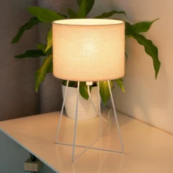 Lámpara de mesa Trixi con estructura de alambre blanco/beige, tela, E14