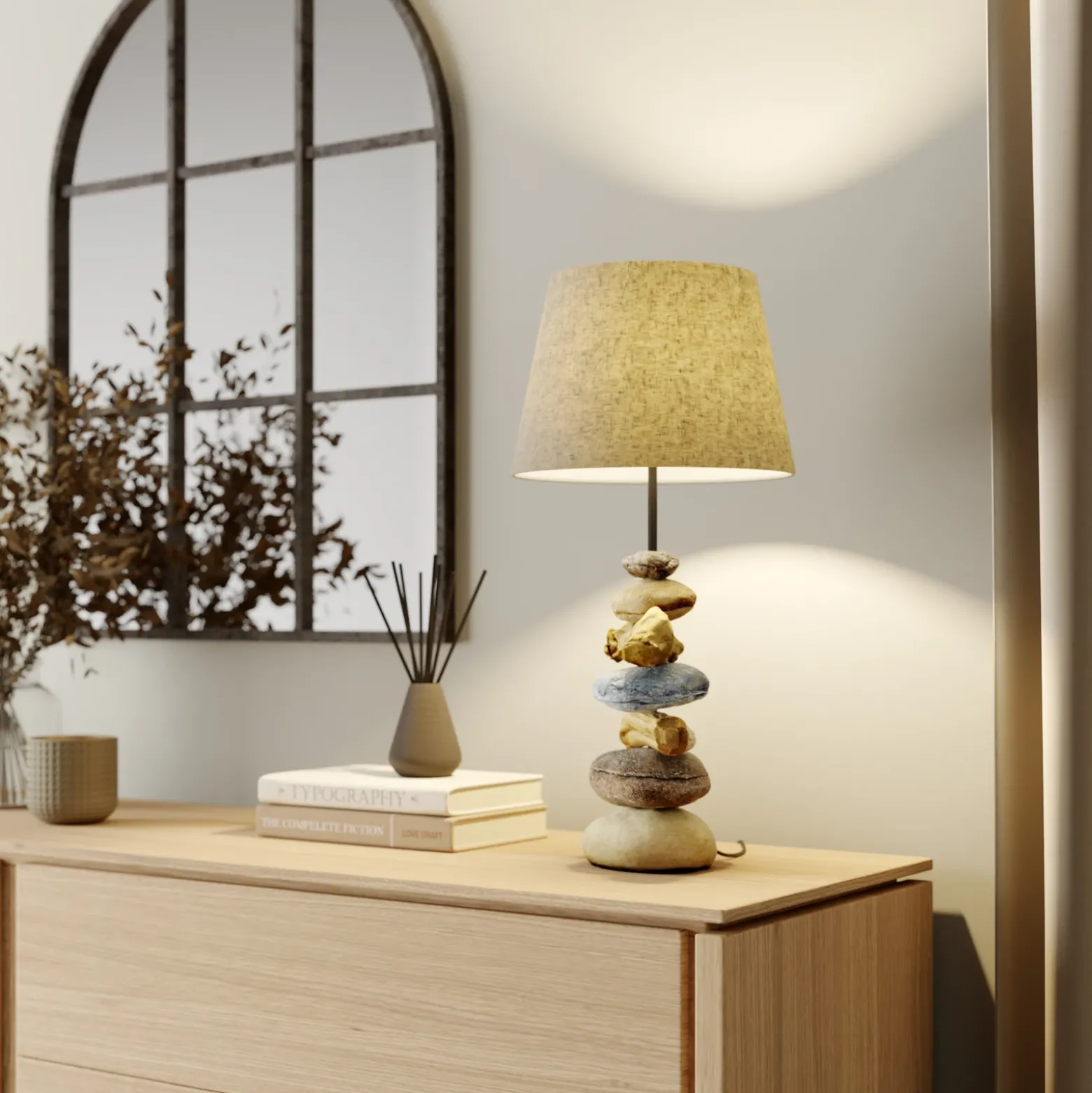 Lámpara de mesa Vera, pantalla de tela y decoración de piedra, 55 cm