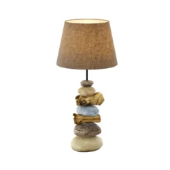 Lámpara de mesa Vera, pantalla de tela y decoración de piedra, 55 cm