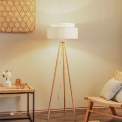 Lámpara de pie Boho, blanco/madera, tela/ratán/madera, 140 cm